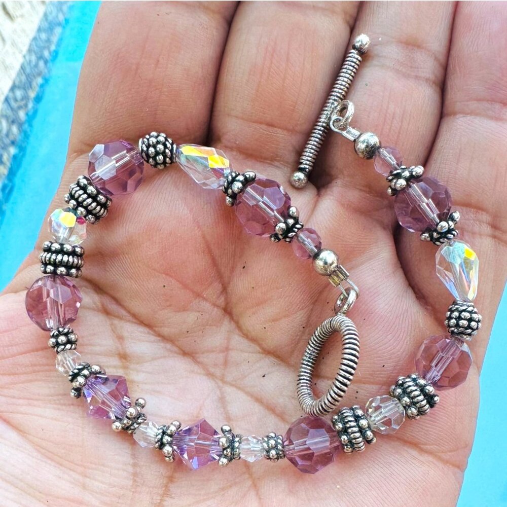 Handcrafted Lavender Crystal & Silver-Tone Bead Bracelet With Toggle Clasp